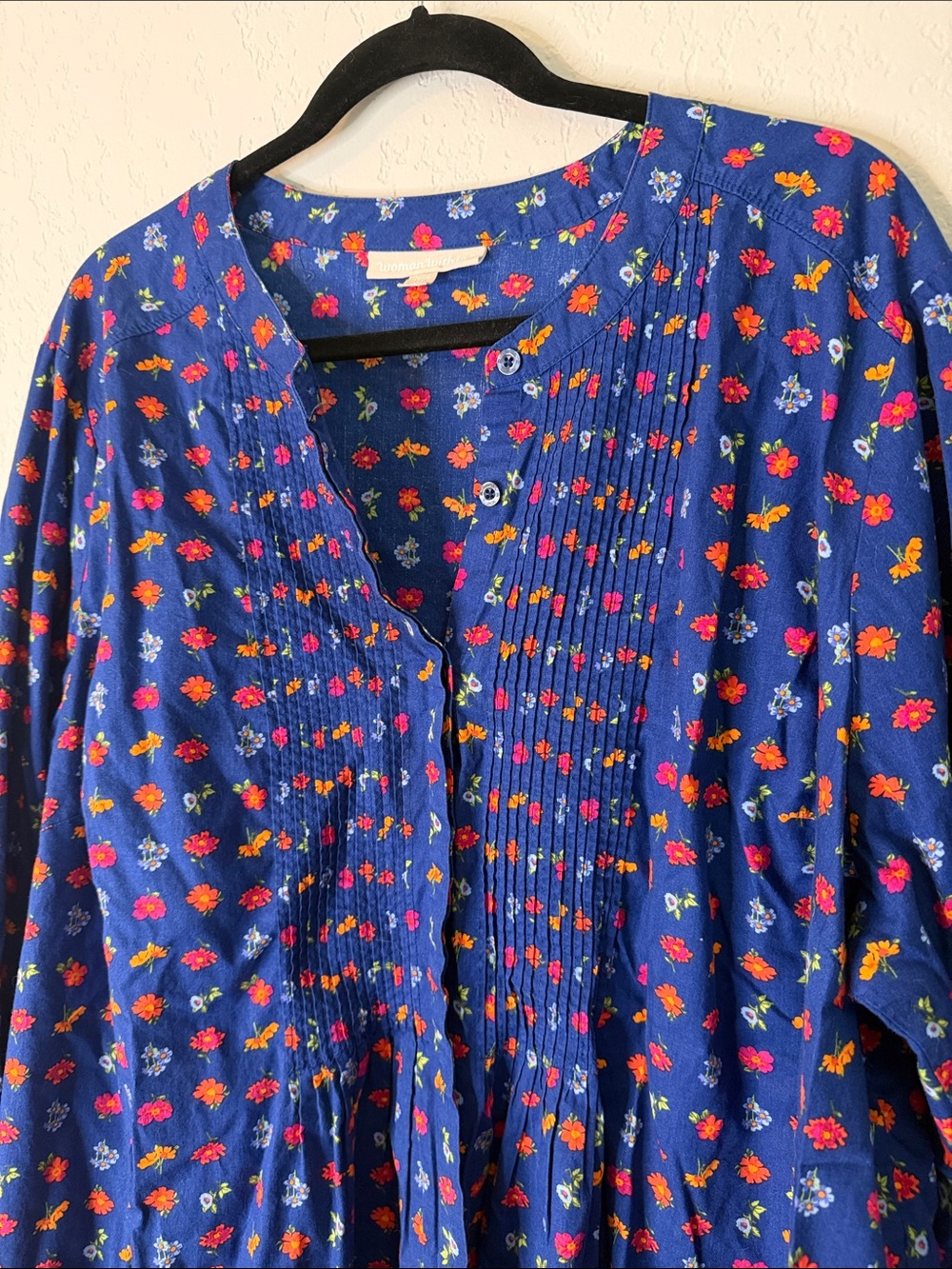100% Cotton Woman Within Royal Blue Floral Button Down Shirt Summer Essential